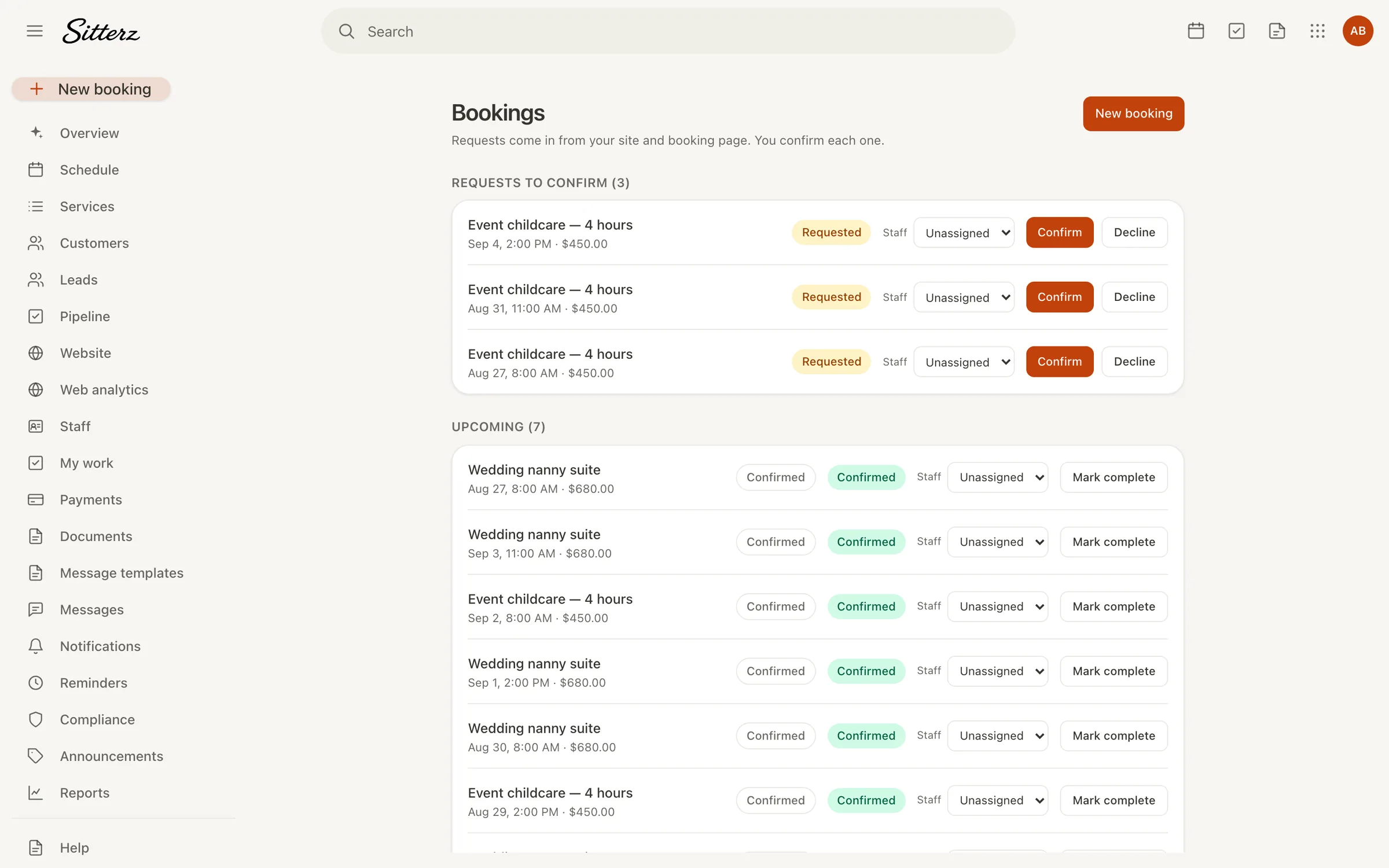 Event childcare bookings in Sitterz