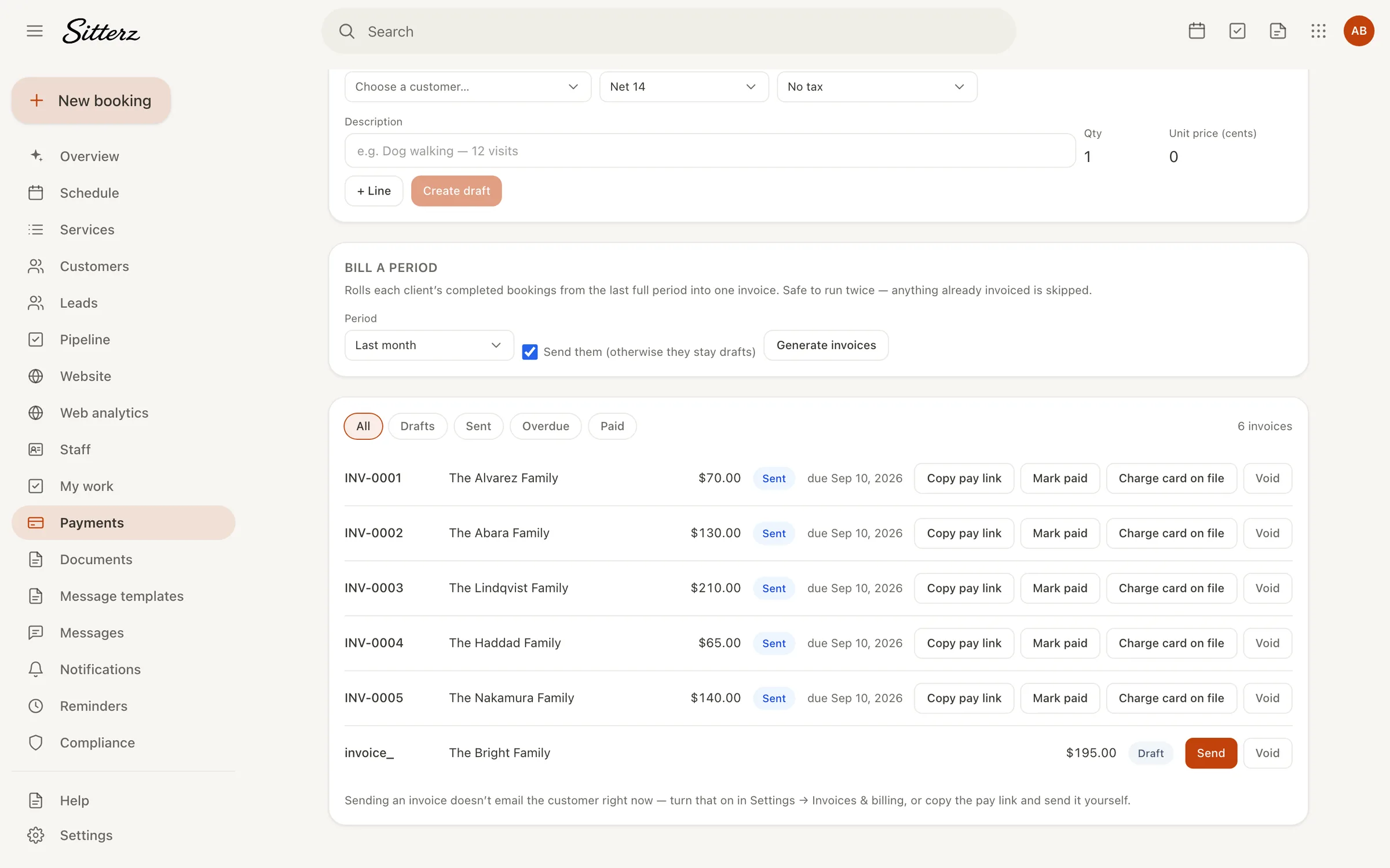 Tutoring sessions invoiced in Sitterz payments