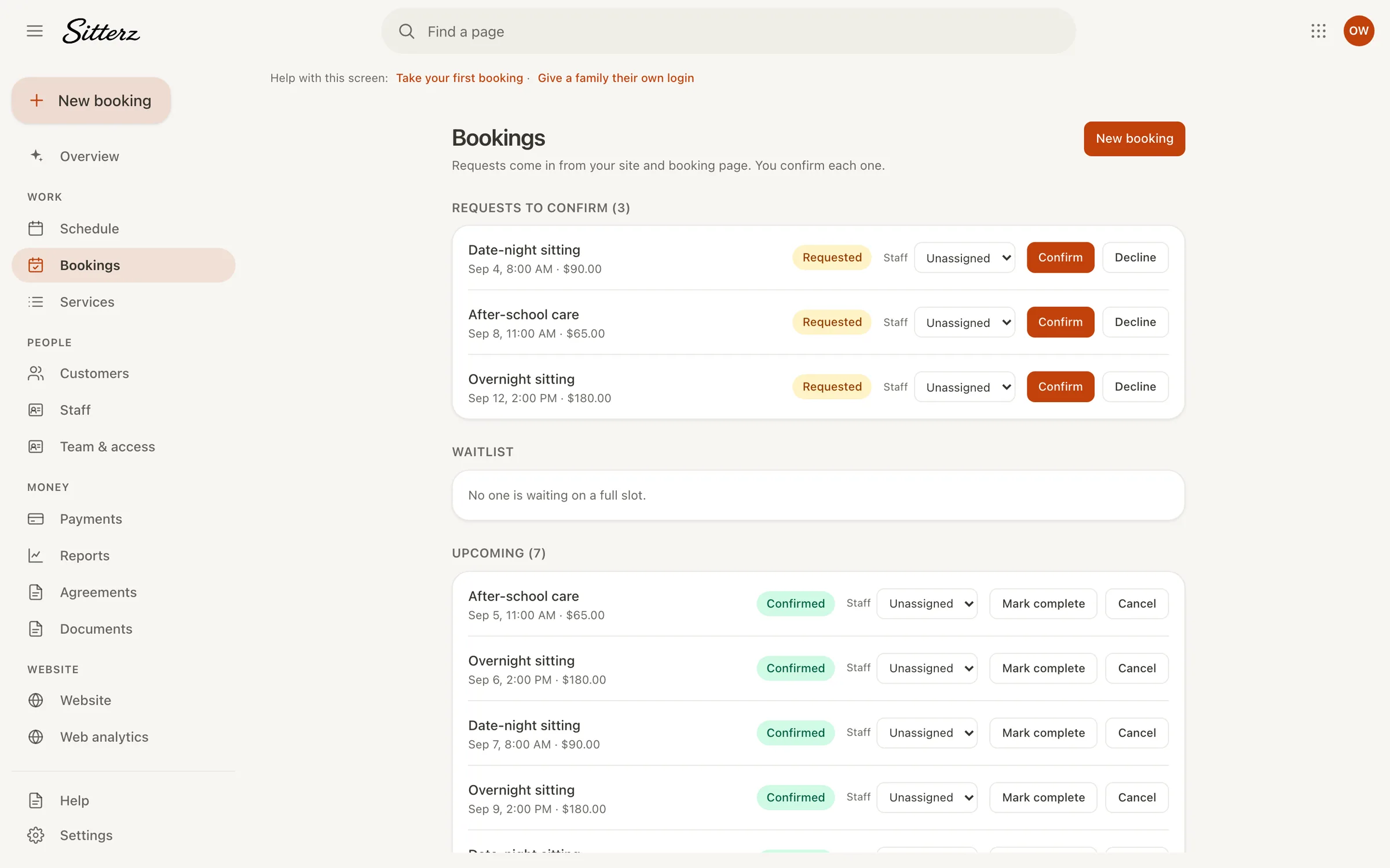 Incoming booking requests in the Sitterz bookings list